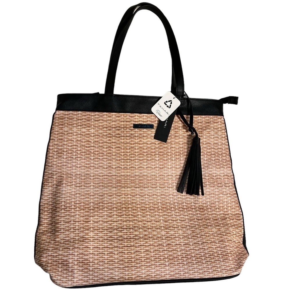 TAHARI || Tan & Black Printed Tote with Tassel New with tags